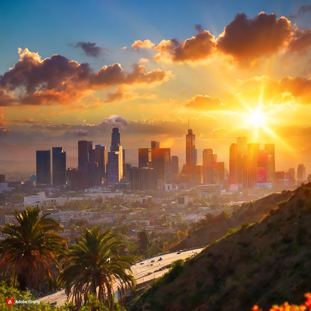  Firefly Downtown Los Angeles, photo-realistic, big city, sunset, san gabriel mountains, vivid colors.jpg